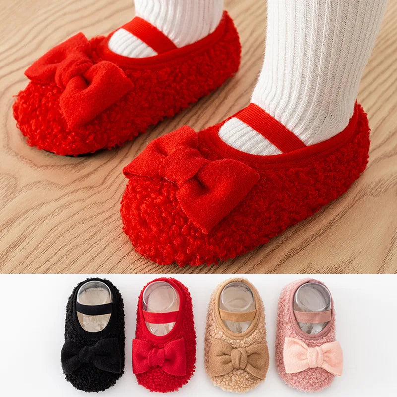 Autumn Winter Baby Floor Socks Thickened Toddler Soft Sole First Walkers Indoor Slippers Girls Bow Sock Shoes Kids Walking Shoes
